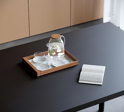 Decorative Ornament Set Featuring Wooden Tray Glass Jug Glass Cups And Open Book 3d model