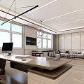 Modern Office Interior Design With Furniture Lighting Plants And Large Windows