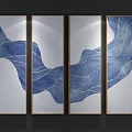 Modern Abstract Paintings With Blue Wave Patterns And Round Square Frames On Wall 3d model
