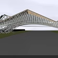 Modern Arched Bridge With Fan-shaped Structure Over Flat Road Green Grass And Blue Sky