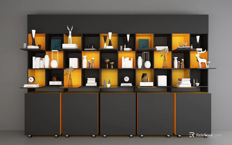 Modern Display Shelf with Black and Orange Design Multiple Layers and Vases Sculptures Books Clock 3d model 