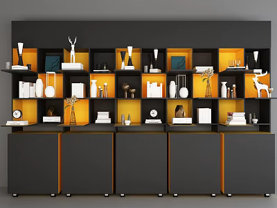 Modern Display Shelf with Black and Orange Design Multiple Layers and Vases Sculptures Books Clock 3d model