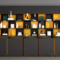 Modern Display Shelf with Black and Orange Design Multiple Layers and Vases Sculptures Books Clock