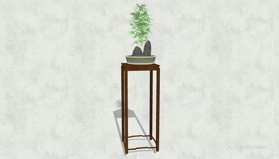 Decorative Bonsai Plant in Ceramic Pot on Wooden Stand Against Light Wall 3d model 