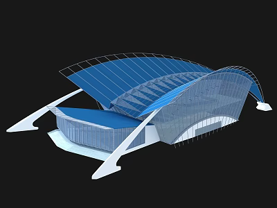 Modern Large Stadium Design With Blue Curved Roof And White Support Structures 3d model