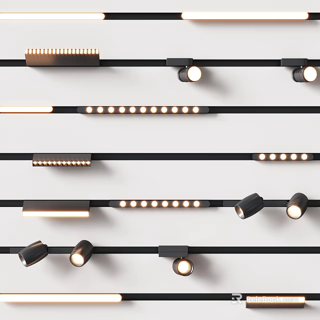 Modern Track Lighting Fixtures With Black Rails And Adjustable LED Spotlights 3d model 