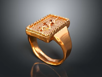 Golden Ring Design With Square Top And Carved Decorative Pattern 3d model