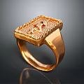 Golden Ring Design With Square Top And Carved Decorative Pattern 3d model