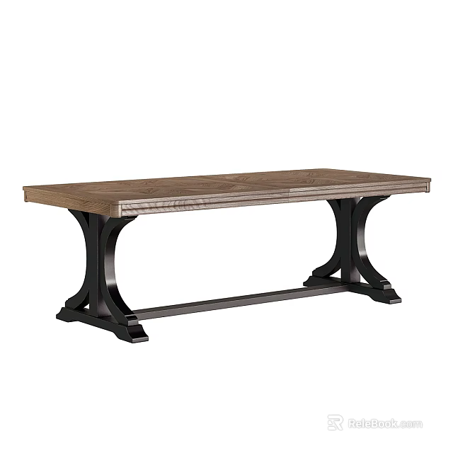 Rustic Wooden Dining Table With Black Metal Base And Rectangular Surface 3d model 