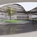 Modern Office Building With Curved Glass Facade Central Courtyard Green Lawn And Tree