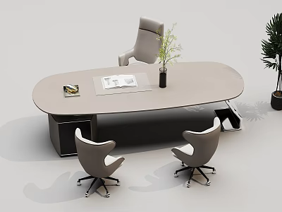 Modern Oval Shaped Office Desk With Gray Chairs Magazines And Vase 3d model
