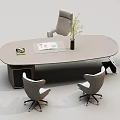Modern Oval Shaped Office Desk With Gray Chairs Magazines And Vase