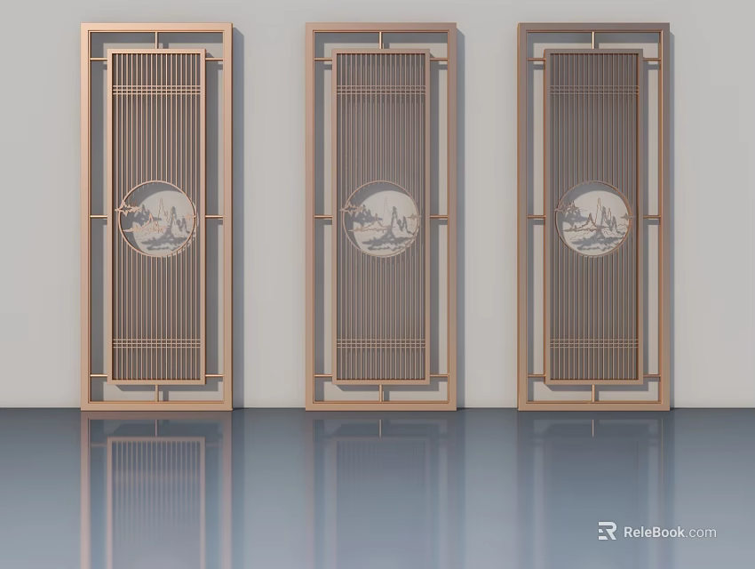 Classic Chinese Style Swing Doors With Grid Design And Circular Landscape Patterns 3d model