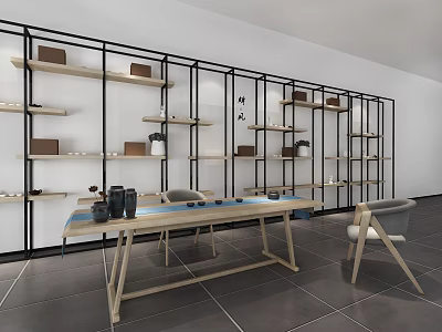 Modern Minimalist Tea Table and Chairs in Tea Room with Wooden Shelves and Black Frames 3d model