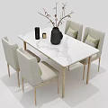 Modern Dining Table Set With Blue Gray Beige Chairs Vase Decor And Tableware 3d model
