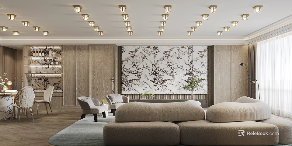 Elegant Modern Dining and Living Room Interior With Chandeliers Marble Wall Art and Sofa 3d model 