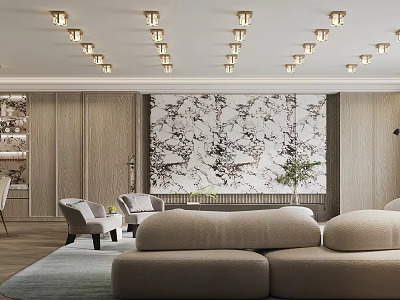 Elegant Modern Dining and Living Room Interior With Chandeliers Marble Wall Art and Sofa 3d model