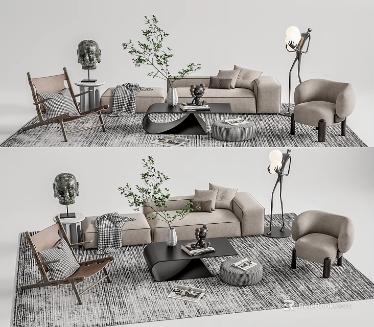 Modern Sofa and Coffee Table Set With Armchair Floor Lamp and Decorative Plant on Patterned Rug 3d model 