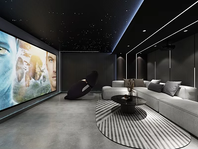 Modern Home Theater Room with Starry Ceiling Large Screen Gray Sofa and Round Striped Rug 3d model