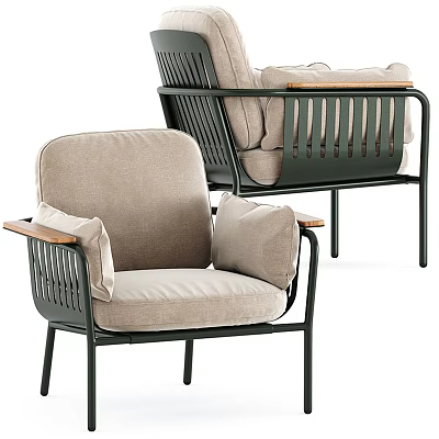 Stylish Single Sofa With Beige Cushion Black Metal Frame And Wooden Armrest 3d model
