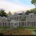Elegant Single Family House Exterior With White Siding Gray Roof And Landscaped Lawn