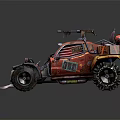 Futuristic Armored Off Road Vehicle With Large Tires Red Orange Paint Turret And Yellow Lights