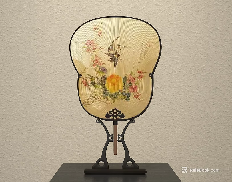 Traditional Style Decorative Ornament Set with Fan Floral and Bird Patterns on Wooden Stand 3d model 