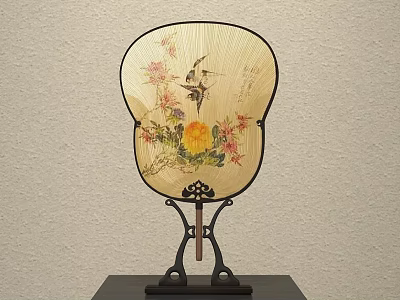 Traditional Style Decorative Ornament Set with Fan Floral and Bird Patterns on Wooden Stand 3d model