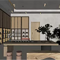 Hotel Lobby Interior With Wooden Table Bookshelves Green Plants And Tea Set