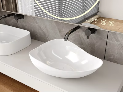 Modern White Vessel Sink With Wall Mounted Faucet And Gray Stone Countertop 3d model