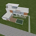 Modern Detached Villa With White Exterior Large Glass Windows Swimming Pool And Green Lawn
