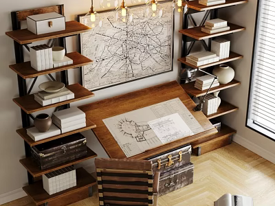 Vintage Wooden Desk With Map Drawings Shelves Books Trunk And Pendant Lights 3d model