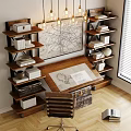 Vintage Wooden Desk With Map Drawings Shelves Books Trunk And Pendant Lights