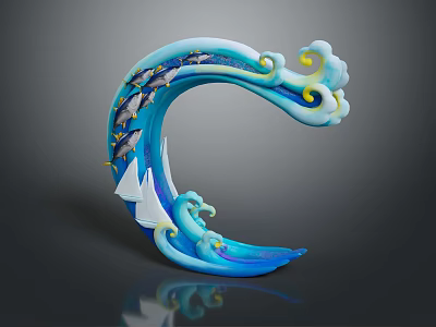 Blue Curved Wave Sculpture With Swimming Fish Displaying Aquatic Animals In Motion 3d model