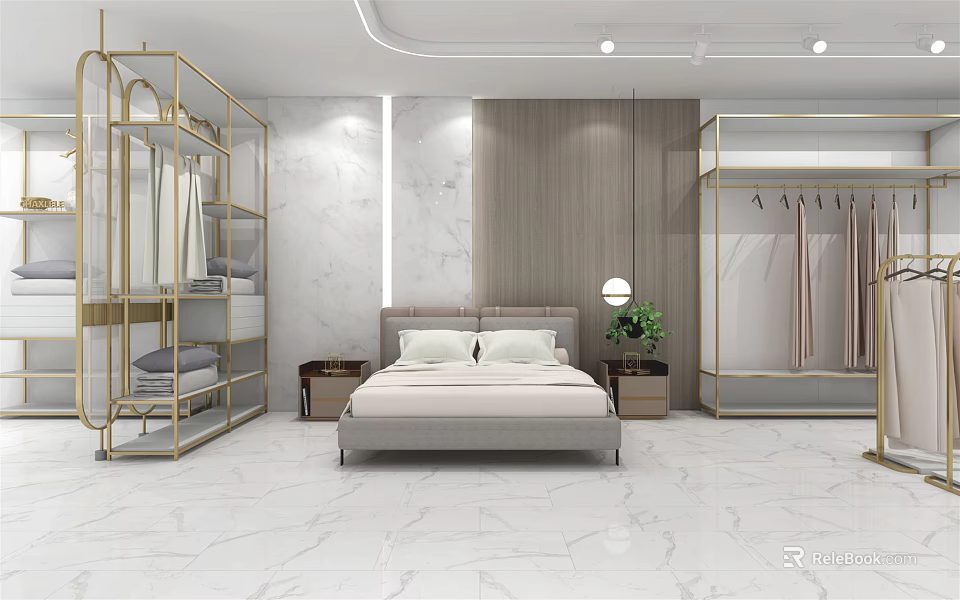 Modern Elegant Bedroom Furniture Store With Gray Headboard Light Bedding Golden Racks And Marble Flooring 3d model 
