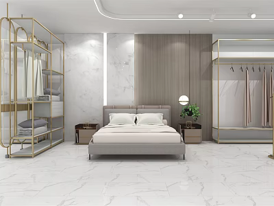 Modern Elegant Bedroom Furniture Store With Gray Headboard Light Bedding Golden Racks And Marble Flooring 3d model