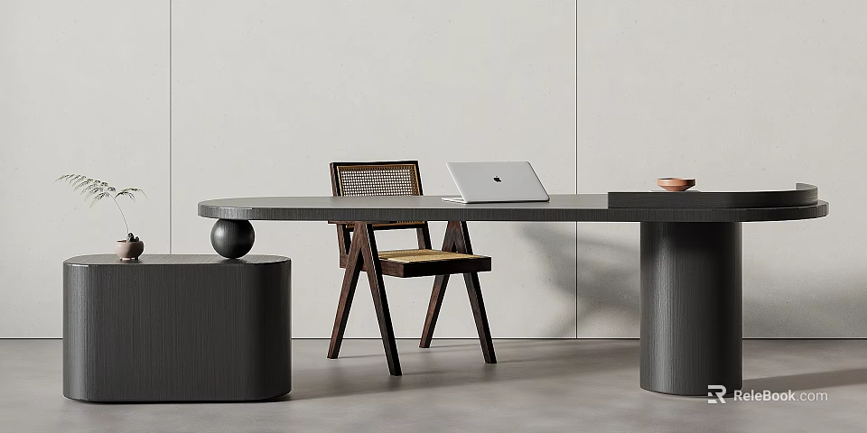 Modern Minimalist Desk Setup With Wooden Chair Laptop And Small Bowl 3d model 