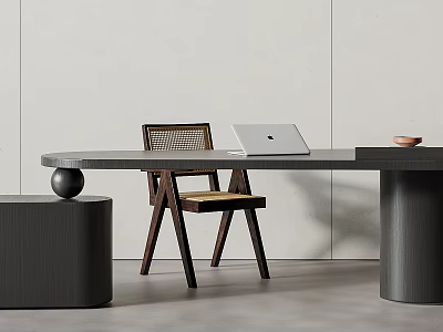 Modern Minimalist Desk Setup With Wooden Chair Laptop And Small Bowl 3d model