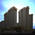 Modern High Rise Residential Buildings With Evening Lighting Street Cars And Trees