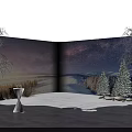 Starry Night Winter Landscape With Snow Covered Trees And White Tables