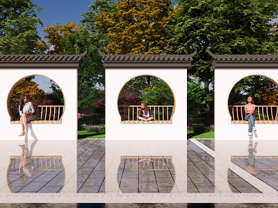 Chinese Garden Wall With Circular Arches Traditional Roof Green Trees And People Nearby 3d model