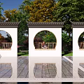 Chinese Garden Wall With Circular Arches Traditional Roof Green Trees And People Nearby