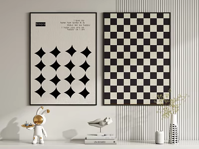 Modern Interior Wall Art Posters With Diamond Checkerboard Patterns And Ornaments 3d model