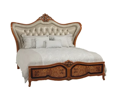 Ornate Double Bed With Carved Wooden Frame Beige Upholstered Headboard And Patterned Mattress 3d model