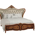 Ornate Double Bed With Carved Wooden Frame Beige Upholstered Headboard And Patterned Mattress
