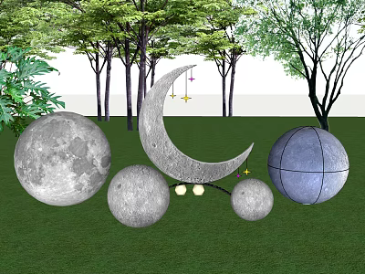 Outdoor Decorative Lights Featuring Crescent Moon Spherical Shapes With Stars Among Trees And Grass 3d model