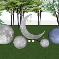 Outdoor Decorative Lights Featuring Crescent Moon Spherical Shapes With Stars Among Trees And Grass