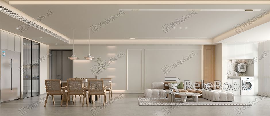 Modern Guest Dining Room Cream Guest Dining Room Sofa Coffee Table Combination Living Room Sofa Background Wall Dining Table and Chair Combination Dining Room Chandelier Dining Room High Cabinet Refrigerator model