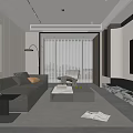 Modern Living Room Interior with Sofa Coffee Table TV Fireplace and Floor to Ceiling Windows