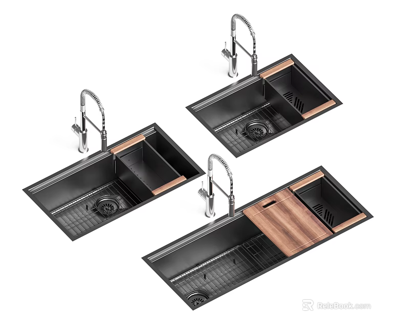 Black Kitchen Sinks With Silver Faucets Wooden Cutting Boards And Metal Drain Racks 3d model 